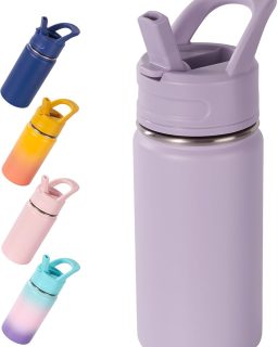 12oz Kids Water Bottle for School, Toddler Bottles with Straws, Stainless Steel Vacuum Insulated Water Bottle for Boys&Girls, Leak-Proof, BPA-Free, Purple