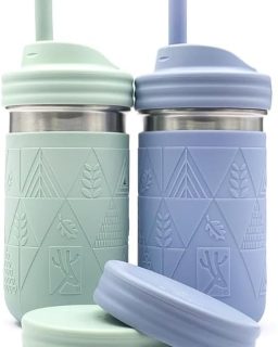 Stainless Steel Cups |14 oz Mason Jar design | Kids & Toddler Cups with Silicone Sleeves & Straws with Stopper | Smoothie Cups | Dishwasher Safe