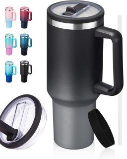 40 oz Water Bottle Tumbler with Flip Straw - Wide Mouth Travel Coffee Mug with Handle, Reusable Leakproof Stainless Steel Vacuum Insulated Traveler Cup for Hot & Cold Drink