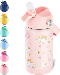 12oz Kids Water Bottle, Stainless Steel Insulated Water Bottle For Kids, Toddler Cup With Straws Leak-proof, Kids Water Bottles For School Boys Girls, BPA Free, Kitty