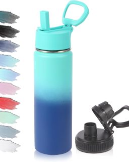 20oz Insulated Stainless Steel Water Bottle with Straw Lid,Kids Wide Mouth Double Wall Vacuum Cups with Handle,Reusable Outdoor Sports Metal Bottles,Travel Flask Keep Cold(Green Blue,1)