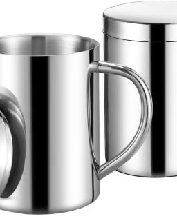 13.5 oz Stainless Steel Double-Walled Metal Mugs - Insulated Coffee & Tea Cup with Lid and Handle for Camping and Everyday Use (2 piece)