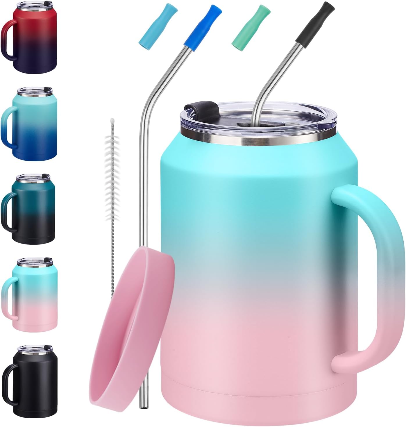 Insulated Tumbler with Lid and Straw - 50 oz Coffee Mugs w/Handle, Silicone Water Bottle Boot, Wide Mouth Stainless Steel Large Flask Jug, Office Home Work Travel Cup Keep Cold 36 Hrs