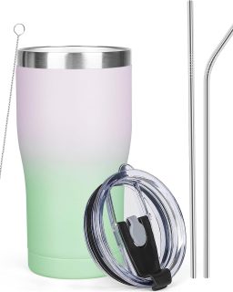 1 Pack 20oz Insulated Coffee Tumbler with Lids and Straws Double Wall Vacuum Insulated Cup Stainless Steel Travel Mugs Leakproof Powder Coated Tumbler for Indoor Outdoor(Candy Color)