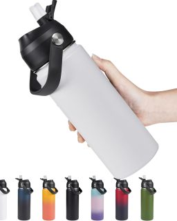 18oz Insulated Stainless Steel Water Bottle, Wide Mouth Double Wall Vacuum, Silicone Straw, Sweat & Leak Proof, BPA Free Insulated Water Flask for Travel, Keep Cold 24h Hot 12h, White