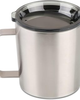 12 oz Insulated Coffee Mug with Lid, Stainless Steel, Double Wall Vacuum Insulated Travel Mug Coffee Cup with Handle, Stainless Steel/Silver (803-019)