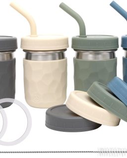 2-in-1 Drinking Cups for Kids, Durable Stainless Steel Tumbler for Smoothies, Silicone Straws with Stoppers, Premium Plastic Twist Lids, Easy-Grip Sleeves, Set of 4 Dishwasher Safe Kid Cups