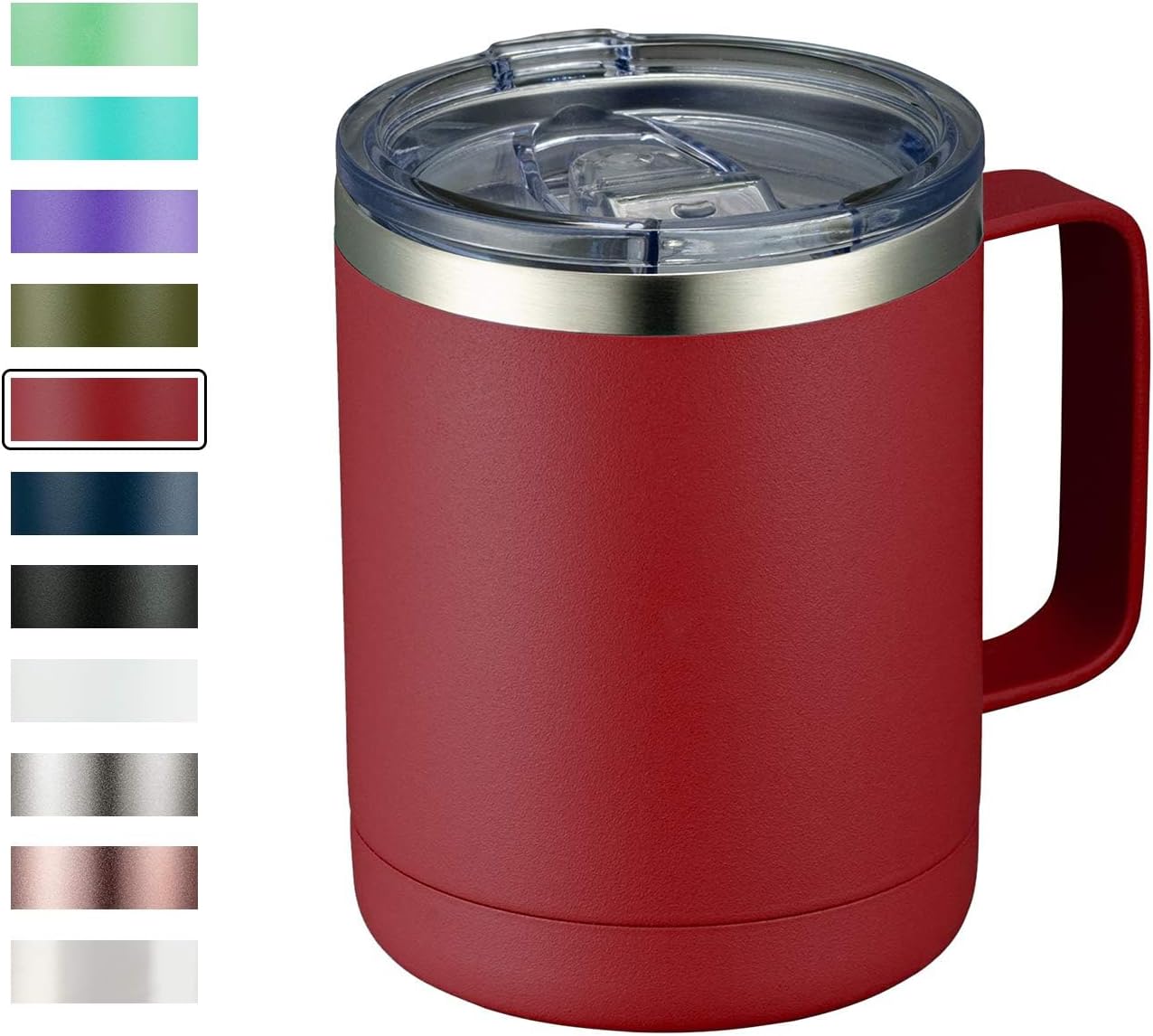 12oz Coffee Mug With Handle and Sliding Lid,Stainless Steel Travel Tumbler Cup with Handle,Double Wall Vacuum Insulated Camping Cup for Hot & Cold Drinks Tea (Red,Set of 1)