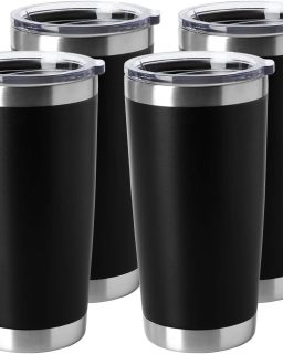 20oz Stainless Steel Tumblers Bulk, Insulated Travel Cup with Lid, Double Wall Vacuum Coffee Mug for Cold & Hot Drinks 4 Pack, Black