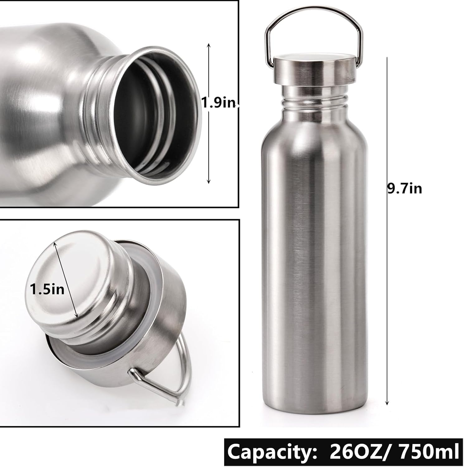 2 Pack Stainless Steel Sports Water Bottles, 26OZ Single Walled 18/8 Stainless Steel Water Bottle with Handle, Uninsulate Metal Water Bottle for Cyclists, Runners, Hikers, Beach Goers, Picnics - Image 2