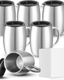 14 oz Insulated Stainless Steel Coffee Mug Spillproof with Lid Double Wall Travel Coffee Mug with Handle Shatterproof Metal Cups for Camping Outdoor Hot Tea Beer Cold Drink(Silver,6 Pack)