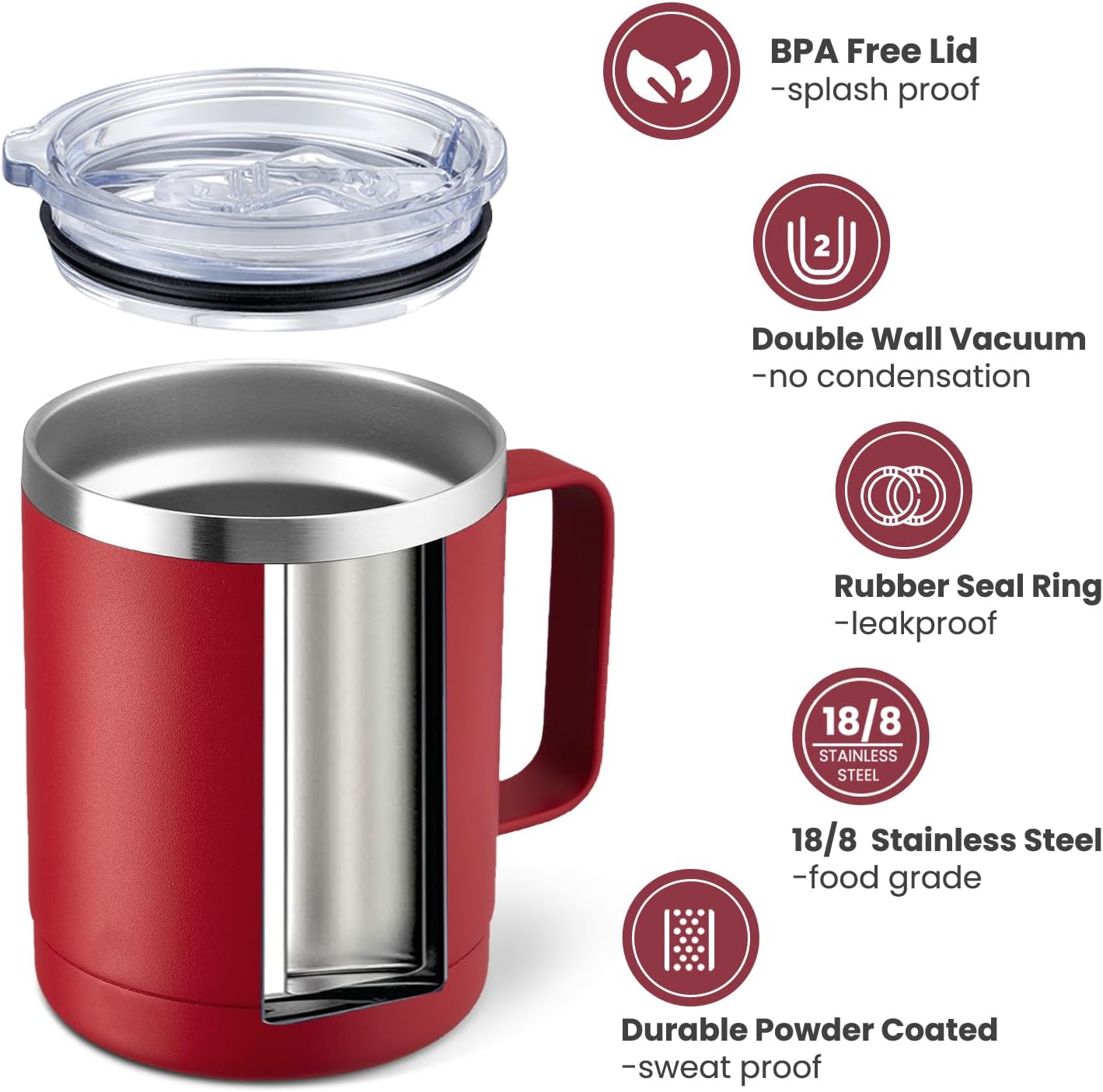12oz Coffee Mug With Handle and Sliding Lid,Stainless Steel Travel Tumbler Cup with Handle,Double Wall Vacuum Insulated Camping Cup for Hot & Cold Drinks Tea (Red,Set of 1) - Image 2