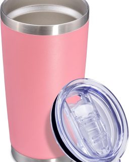 20 oz Tumbler Coffee Tavel Tumblers Bulk with Lid Stainless Steel Double Wall Vacuum Insulated Mug Powder Coated Cups fit Car Cupholder for Hot and Cold - Pink, 1Pack