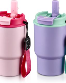 13.5oz Kids Insulated Tumbler with Lid and Straw, BPA-Free Stainless Steel Kids Water Bottle, Leak-Proof& Cupholder Friendly Tumbler for Boys & Girls -2 Pack(Pink+Purple)