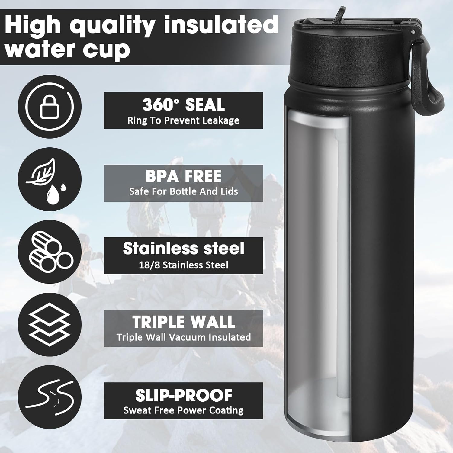 24 oz Insulated Water Bottle with Straw, Stainless Steel Double Wall Vacuum with Straw Lid Leak Proof, Wide Mouth Lid, Keep Cold and Hot - Image 2