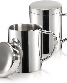 2 Pack 13.5 oz Stainless Steel Double-Walled Metal Mugs, Insulated Coffee Cup with Lid and Handle, Thermal Camping Mugs for Coffee, Milk, Juice, Tea and Cold or Hot Drinks