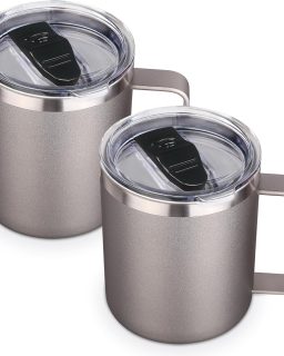 14oz Insulated Stainless Steel Coffee Mug with Lid Bulk 2 Pack,Double Wall Vacuum Travel Coffee Cup with Handle,Reusable Metal Cups Tumbler,Camping Mugs Keep Hot,Ideal Gifts(Gray,2 Set)