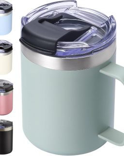 12oz Insulated Coffee Mug Cup with Handle, Stainless Steel Travel Coffee Mug with Flip Lid, Double Wall Vacuum Coffee Tumbler,Sage