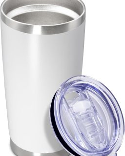20 oz Tumbler Coffee Tavel Tumblers Bulk with Lid Stainless Steel Double Wall Vacuum Insulated Mug Powder Coated Cups fit Car Cupholder for Hot and Cold - White, 1Pack