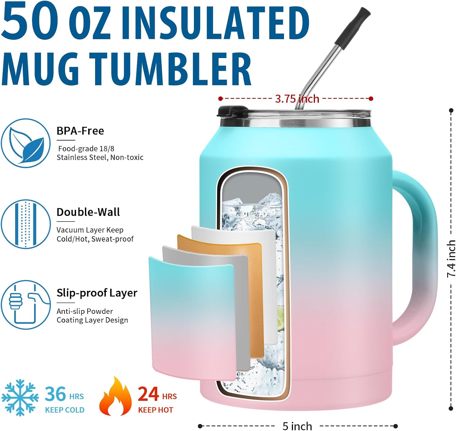 Insulated Tumbler with Lid and Straw - 50 oz Coffee Mugs w/Handle, Silicone Water Bottle Boot, Wide Mouth Stainless Steel Large Flask Jug, Office Home Work Travel Cup Keep Cold 36 Hrs - Image 2