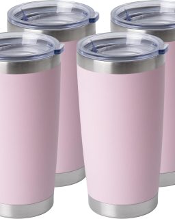 20oz Stainless Steel Tumblers Bulk, Insulated Travel Cup with Lid, Double Wall Vacuum Coffee Mug for Cold & Hot Drinks 4 Pack, Light Pink
