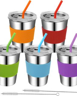 Toddler Cups with Straws, 18/8 Stainless Steel Children Smoothie Drinking Sippy Cups, Stacking & Reusable Kids Cups with Straws and Lids, 5 Pack, 12oz