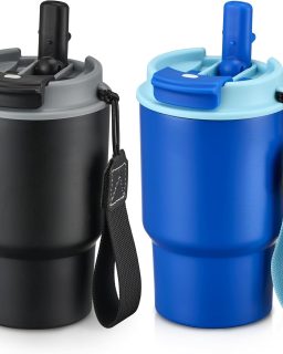 13.5oz Kids Insulated Tumbler with Lid and Straw, BPA-Free Stainless Steel Kids Water Bottle, Leak-Proof& Cupholder Friendly Tumbler for Boys & Girls -2 Pack(Blue+Black)