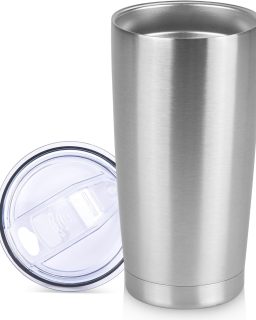 20 oz Tumbler Stainless Steel Tumblers Bulk with Lid Double Wall Insulated Coffee Tumbler Cups for Hot & Cold Drinks Powder Coated Travel Coffee Tumbler Mug Metal (Stainless Steel, 1 pack)