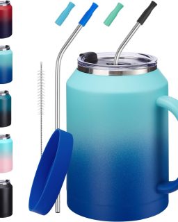 50oz Insulated Mug Tumbler with Handle - Keep Cold-36h & Hot-24h, Stainless Steel Water Jug 50 oz Coffee Mugs with Straw & Spout Lid, Wide Mouth Metal Water Bottle Camping Flask Hospital Cup Travel