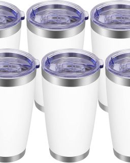 20oz Tumbler with Lid and Straw Stainless Steel Tumbler Cup Bulk Vacuum Insulated Double Wall Travel Coffee Mug Powder Coated Coffee Cup(White 6 Pack