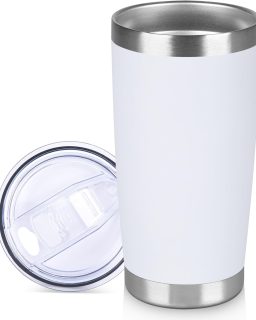20 oz Tumbler Stainless Steel Tumblers Bulk with Lid Double Wall Insulated Coffee Tumbler Cups for Hot & Cold Drinks Powder Coated Travel Coffee Tumbler Mug Metal (White, 1 pack)
