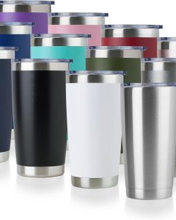 20oz Stainless Steel Tumbler Bulk with Lid, Double Wall Vacuum Insulated Travel Mug, Powder Coated Coffee Cup (Mix, 12)